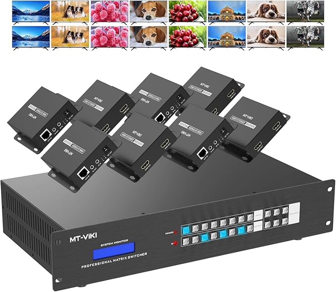 MT-VIKI 8 in 24 Out HDMI Extender Matrix 8x8, 4K60Hz Over CAT6 Ethernet Cable, with 8 POC Receivers, Web GUI, RS232, Up to 230FT (70m)