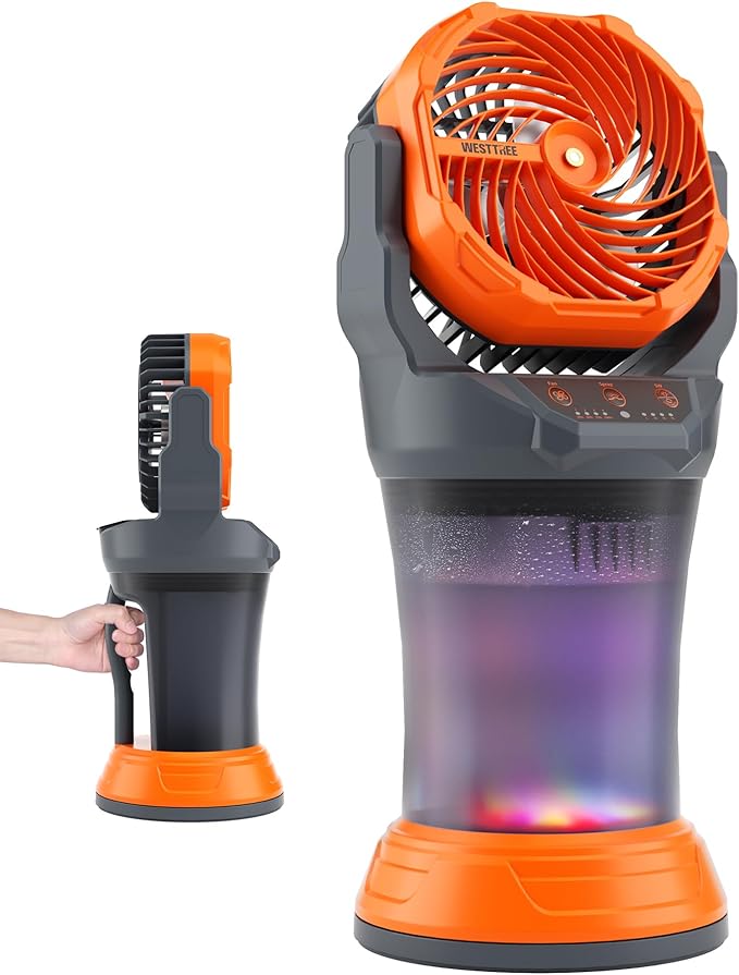 WESTTREE Portable Misting Fan with Larger Battery Fan-Rechargeable Outdoor Misting Cooling Fans with 2L Water Tank,RGB Lights,4 Speeds & Spray Modes-for Patio, Camping, Beach, Workshop (Gray-Orange)