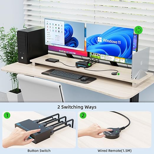 8K Dual Monitor KVM Switch Dual HDMI 2.1 2 Monitors 2 Computers 2 in 2 Out 4 Port USB 3.0 8K@60Hz/4K@120Hz KVM Switches， Wired Desktop Controller & 2 USB 3.0 Cables Included
