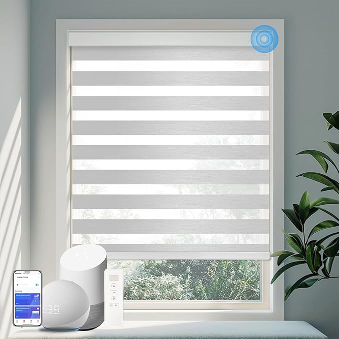 COOLWINDS Motorized Zebra Blinds for Windows Cordless Electric Curtains with Remote Control Blackout Shades Custom Smart Blinds Compatible with Alexa Google Home(Light Filtering Grey,W23 X 72in)