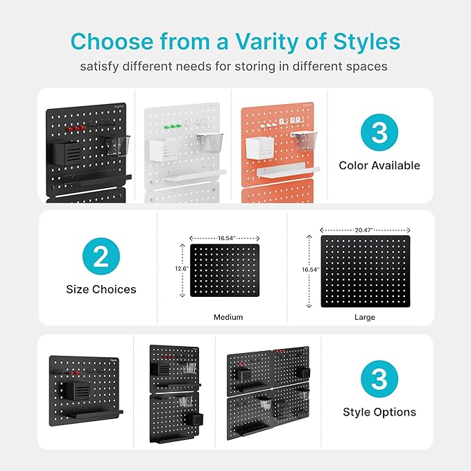 PEGZONE Pegboard Wall Organizer Combination Kit, Overall 25.4"x16.6" Metal Office Pegboard with 13 Accessories, Wall Mounted Peg board Display Panels for Home, Gaming Room, Garage (2Pcs, Medium,Black)