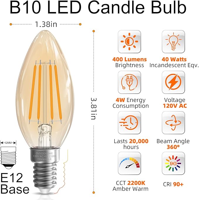GvvooHome LED Candelabra Light Bulbs, 40 watt Equivalent Chandelier Bulbs, E12 LED Bulb Dimmable, 2200K Amber Warm, B10 Candle Light Bulb, 90+CRI, 400LM, Amber Glass Finish, 6 Pack