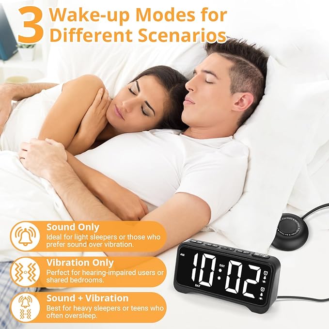 Loud Vibrating Alarm Clock for Heavy Sleepers with Bed Shaker Under Pillow, Hearing Impaired/Deaf/Teens, Dual Alarms, Adjustable Date, Nightlight & Battery Backup, Large LED Digital Display, 12/24H