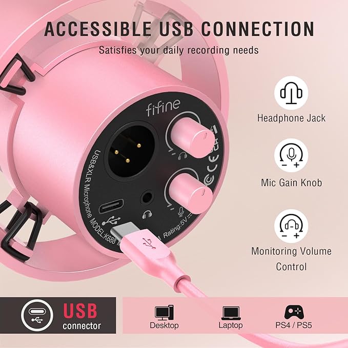 FIFINE XLR/USB Dynamic Microphone, Studio XLR Vocal Podcast Microphone for Recording, USB Streaming Mic with Mute Button, Gain Knob, Headphones Monitoring for Voice-Over, Video-Amplitank K688 Pink
