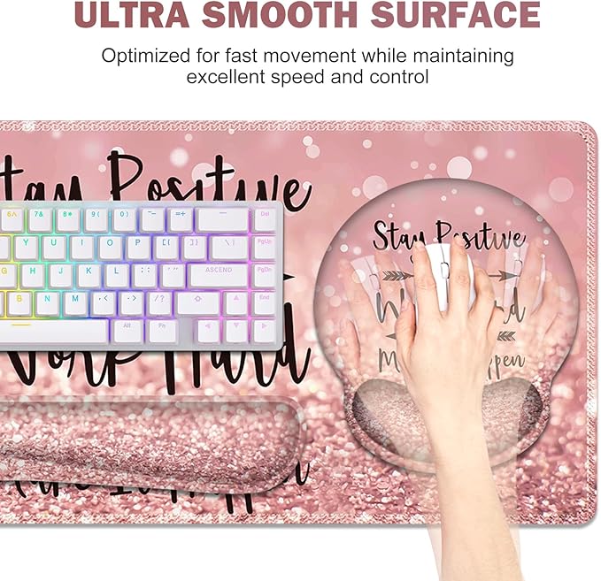 ToLuLu Desk Mat, XXL Large Mouse Pad Wrist Support Set，4 in1 Gaming Mousepad Desk Pad+ Ergonomic Mouse Pad with Wrist Rest + Keyboard Wrist Rest+Coaster for Women Home Office Table, Pink Stay Positive