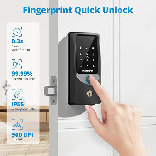 AkaGear T02 Fingerprint Keyless Entry Door Lock - Built in WiFi, Smart Lock for Front Door, App Remote Control, Auto Lock, Keys, Fob Card, PIN Code Unlock, Touch Keypad Deadbolt with Batteries, Black