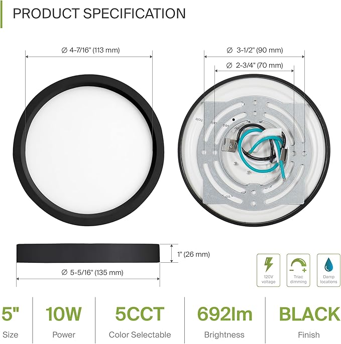 ASD LED 5" Round Flush Mount Ceiling Light Fixture, Low Profile Surface Lighting | 5CCT, Dimmable, Ultra-Thin, ETL Listed | 10W 700LM 2700-6000K 120V | Kitchen, Bedroom, Hallway Lamp | Black, 12 Pack