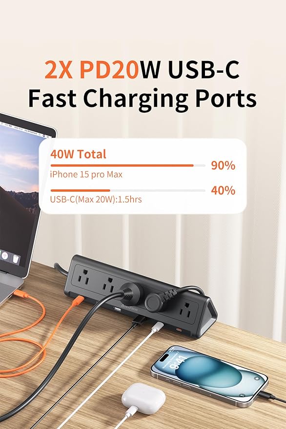 10 FT Desk Clamp Power Strip with 5 AC Outlets & 6 USB Ports PD 40W USB-C Fast Charging, 1250J Surge Protector, Fits 2.1 in top Edge Black