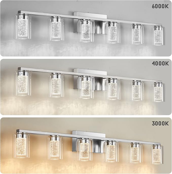 SADENICEL 6 Light Brushed Nickel Bathroom Light Fixtures, LED Vanity Lights Crystal White/Neutral/Warm Bathroom Lights Over Mirror for Bathroom, Bedroom,Living Room (6 Light)
