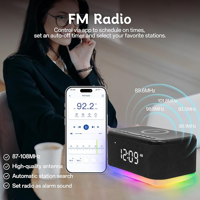 Bluetooth Alarm Clock Radio Bedroom, Digital Dual Alarm Clock Bedroom, Up to 10 Alarms Clock Night Light Speaker App/Button Control FM Charge Snooze Adjustable Brightness Dim 12/24H, Matte Black