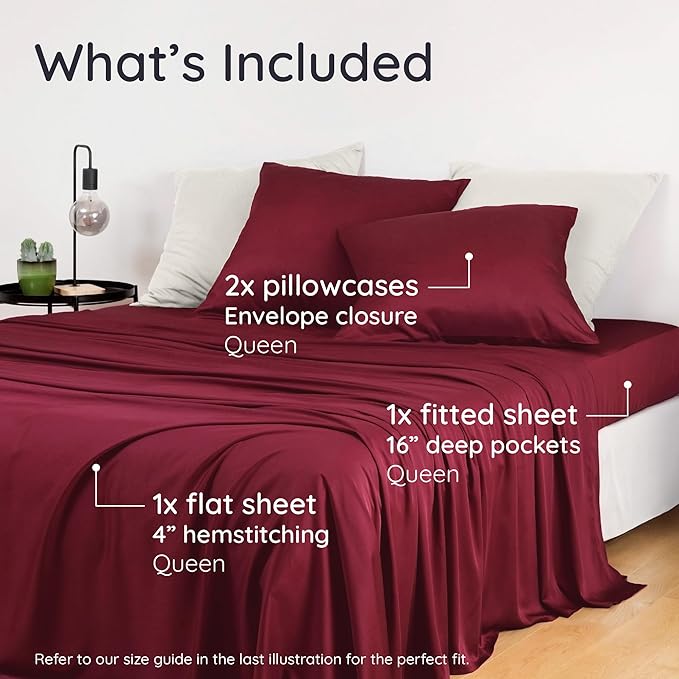 Bambaw Queen Size 4pcs Cooling Sheets Set 100% Viscose Derived from Bamboo, Luxury Bedding, Soft Sheets, Deep Pocket Fits Up to 16'' Mattresses (Burgundy)