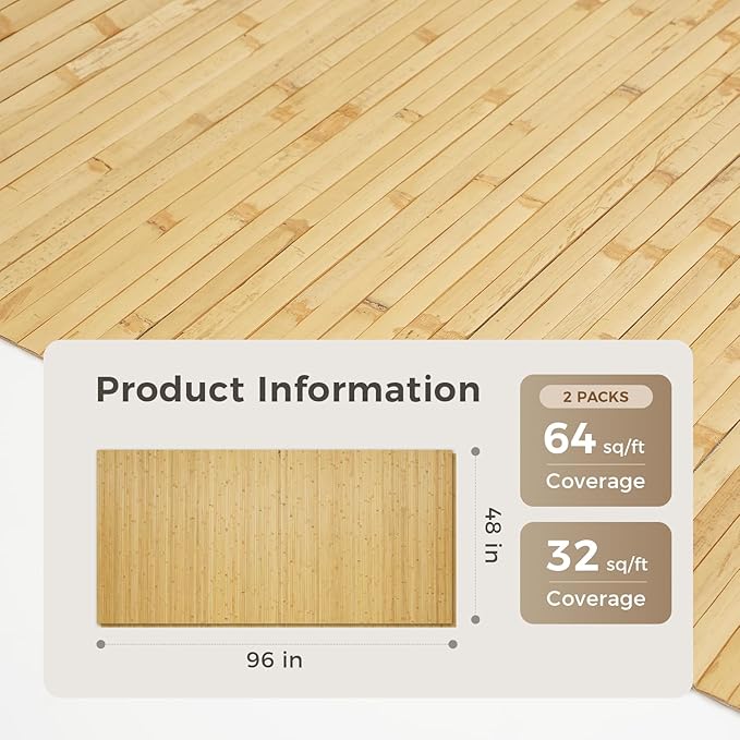 OUZUGIE 2 Pack 96x48 Inch Natural Bamboo Wall Panel – Natural Pole Wrap Paneling for Walls, Ceilings, Cabinets, Furniture – Ideal for Bedroom, Living Room & Office DIY Decor