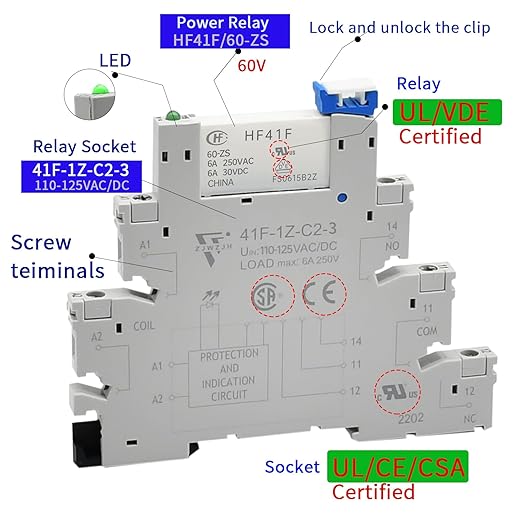 10Pcs Electromechanical Relay Miniature Power Relay 110V/ 120V AC/DC HF41F/60-ZS 1NO 1NC 6A SPDT with LED Indicator, Socket Base, DIN Rail Slotted UL Listed