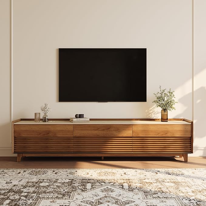 POVISON Fully-Assembled Mid Century Matte Sintered Stone TV Stand with Legs, 94.49" Wood Media Console with Adjustable LED Light, Entertainment Center with Storage for Living Room