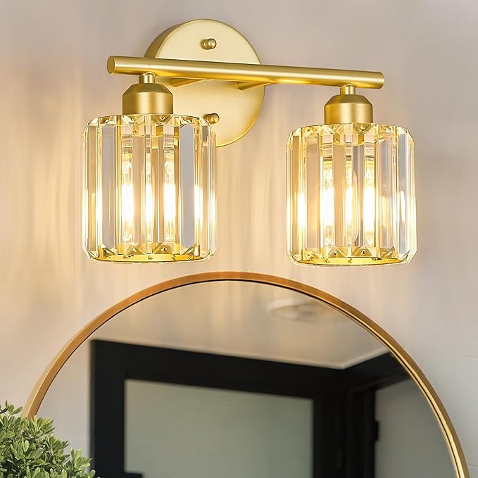 FDPBY Modern 2 Light Crystal Vanity Light, Gold Vertical Bathroom Light Fixture Over Mirror for Dressing Table Sink, Compatible with Dimmable Bulbs (Bulbs Not Included)