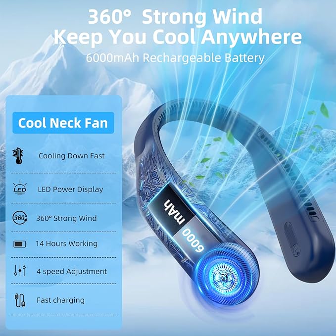 Portable Neck Fan,Hands Free Personal Wearable Bladeless Fan,6000mAh USB Rechargeable,360° Cooling,LED Display,4-Speeds,Birthday Gifts for Men Women Dad Mom,Valentines Day Gifts for Her Him (Blue)