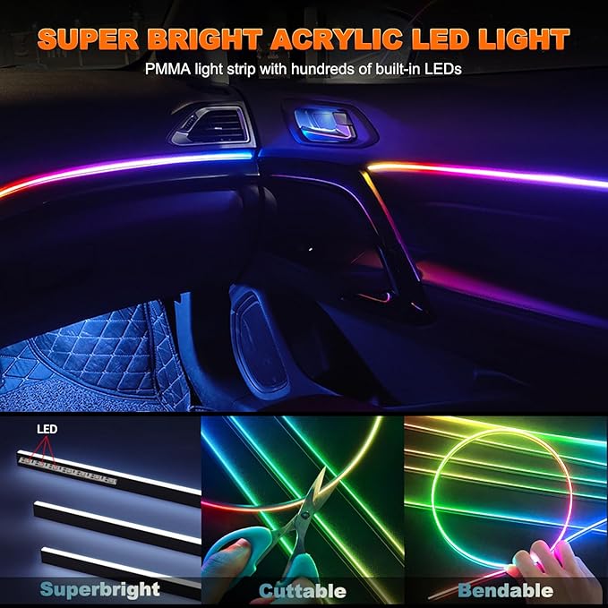 Jushope Acrylic LED Lights - Interior Car Ambient Lighting Kits with Dynamic Rainbow Dream Color Chasing, Music Sync (10 in 1(4*29.5+43.3+14.5 inches+4 Footwell Lights))
