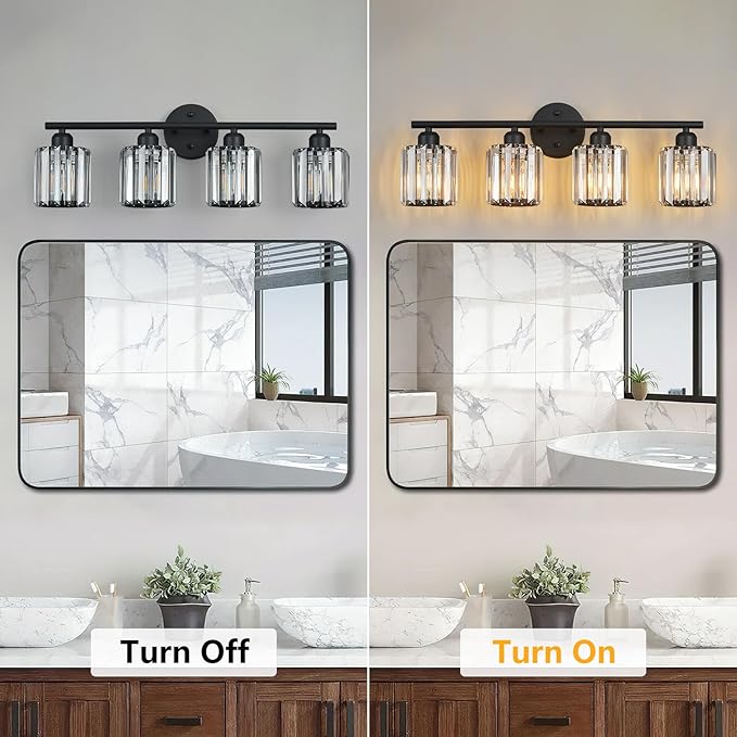 FDPBY Modern 4 Light Crystal Vanity Light, Black Vertical Bathroom Light Fixture Over Mirror for Dressing Table Sink, Compatible with Dimmable Bulbs (Bulbs Not Included)