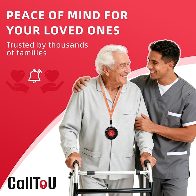 CallToU Wireless Caregiver Call Button Elderly Monitoring Alert Systems for Seniors 1 Plugin Receiver 2 Waterproof Transmitters