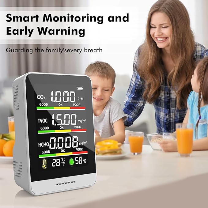 Air Quality Monitor Indoor,8-in-1 Smart Air Quality Tester with CO2, TVOC, HCHO, AQI, Temperature & Humidity, Real Time Display, Battery Powered, for Home & Office (White)