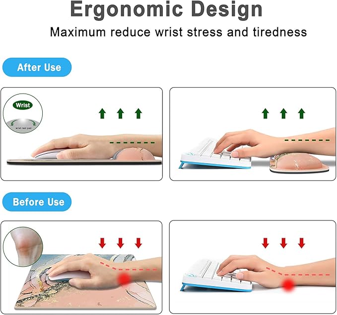 Keyboard Wrist Rest Memory Foam Ergonomic Mouse Pad with Computer Wrist Support Set with Non-Slip Rubber Base Coaster for Home, Office Easy Typing and Pain Relief - Pink Marble