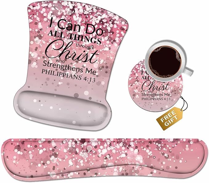 Ergonomic Mouse Pad Wrist Support and Keyboard Wrist Rest Set with Coasters, Non-Slip PU Base, Easy Typing & Pain Relief, Perfect for Home Office Working Studying, Bible Verse Philippians 4:13