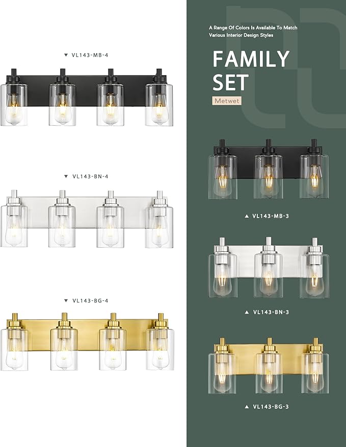 METWET 3-Light Bathroom Light Fixtures, Brushed Nickel Vanity Light with Cylinder Clear Glass Shade, Modern Vanity Lighting Fixtures Over Mirror, VL143-BN-3