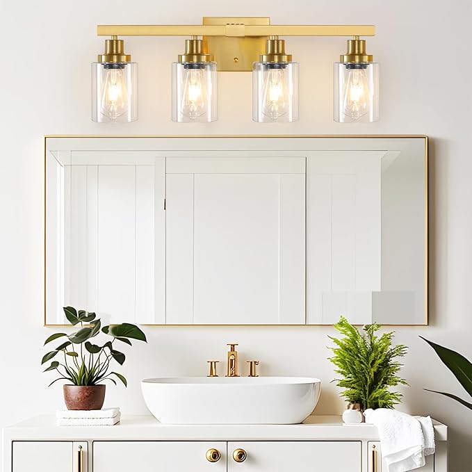 DIKAIDA Bathroom Vanity Light, 4-Light Modern Matte Gold Wall Sconce Lighting with Clear Glass Shade, Black Wall Lights,Bath Vintage Wall Mounted Lamps for Mirror Bedroom Living Room