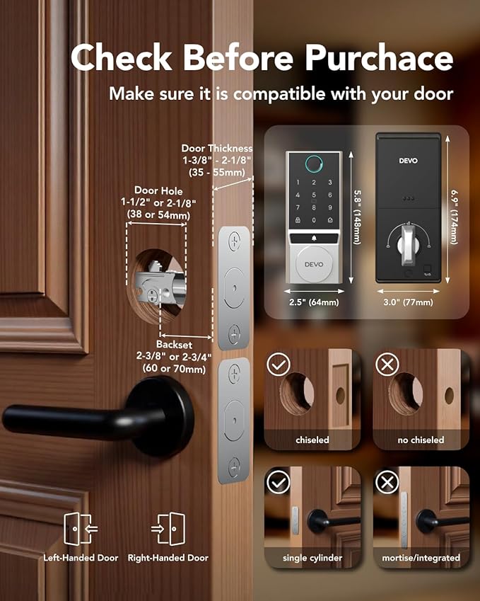 Devo G2 Fingerprint Smart Door Lock, Keyless Entry Door Lock, App Control, Smart Locks for Front Door, Smart Deadbolt Lock, Built-in Bluetooth, Touchscreen Keypad, 8 Months Battery, IP54 Waterproof