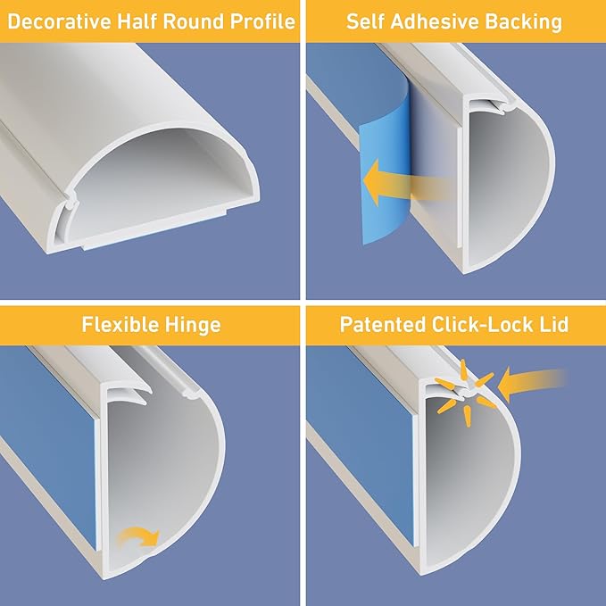 D-Line 31.4in TV Cord Hider, Patented Half Round Cable Cover, Hide Wall Mount TV Wires, Hinged One-Piece Cable Concealer, Adhesive, Decorative Raceway - 2X 1.18in W x 0.59in H x 15.7in L - White
