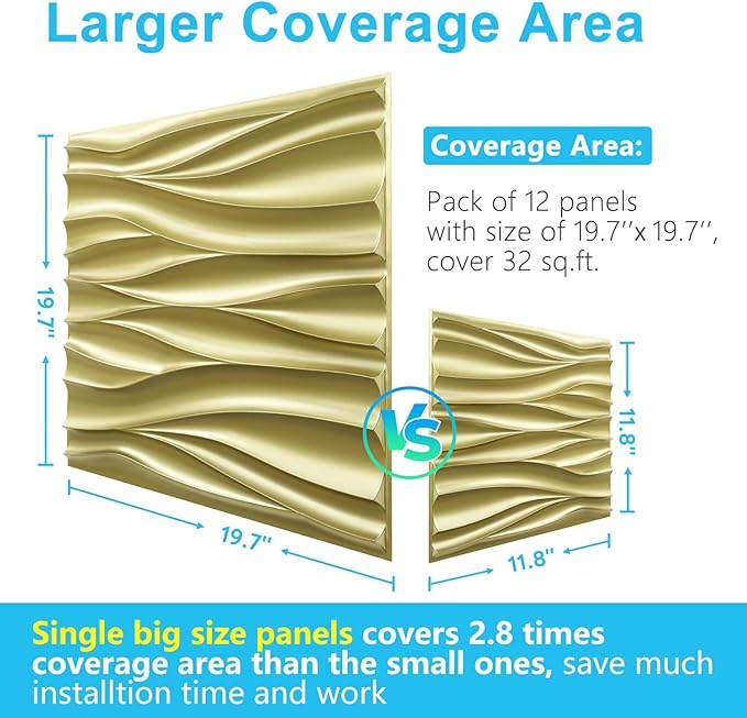 STICKGOO 3D Wall Panels for Interior Wall Decor, Champaign Gold Wave Design Accent Wall Panels, 19.7" x 19.7" Decorative PVC Wall Panels for Living Room, Lobby, Office