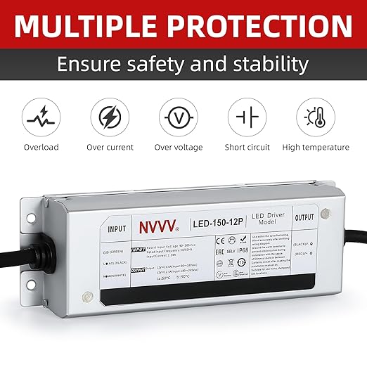12 Volt LED Driver 150 Watts Waterproof IP68 Power Supply Low Voltage Transformer Adapter 90-265V AC to 12V DC 12.5A Converter for LED Strip, Indoor Outdoor Lighting Built-in Active PFC Function