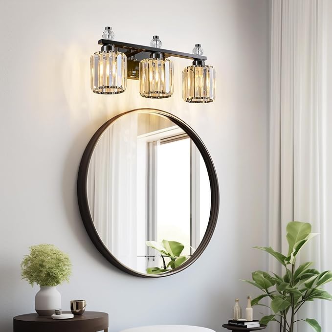 FDPBY Bathroom Vanity Lights 3-Light Plating Black Modern Crystal Vanity Light Fixtures Over Mirror Crystal Bathroom Vanity Lighting Fixtures