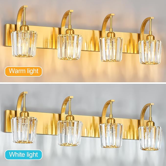 FDPBY Modern Bathroom Vanity Light, 4-Light Gold Wall Sconce with Crystal Accents, Over Mirror Bathroom Lighting Fixture, 32.67" Long Dimmable Vanity Lamp for Makeup, Easy Installation