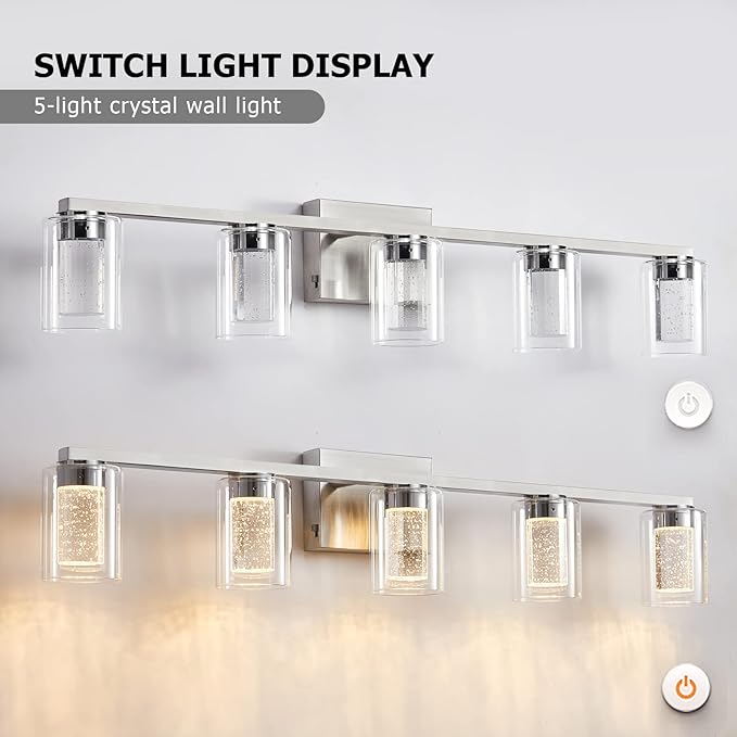 SADENICEL 5 Light Bathroom Light Fixtures, Brushed Nickel Vanity Lights Crystal Dimmable LED White/Neutral/Warm Bathroom Lights Over Mirror for Bathroom, Bedroom,Living Room (5 Light)
