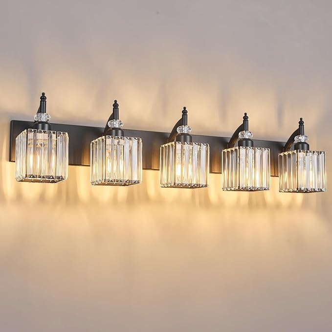 BBLLWJ Crystal Vanity Lights - Black 5 Light Modern Bathroom Vanity Light Fixtures Over Mirror