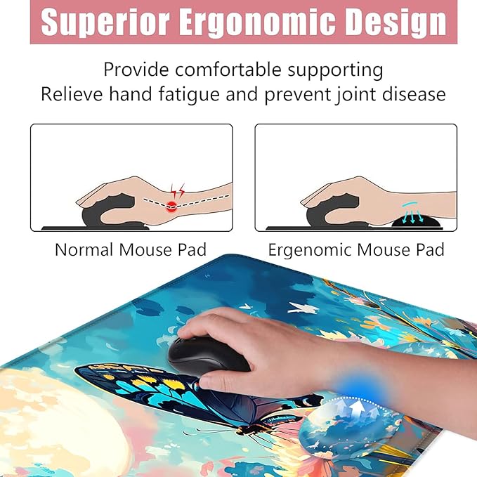 BFUKVOU Large Keyboard Mouse Pad Set, Extended Mouse Pad+Keyboard Wrist Rest Support, Memory Foam Ergonomic Easy Typing, 4Pcs (31.5×11.8 in) Desk Pad Set for Office Home,Flowers and Butterflies