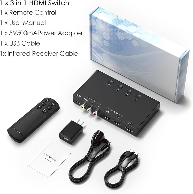 3-Port 8K@60Hz HDMI Switch with AV Input, 2X HDMI & 1x RCA to HDMI Converter Supports HDR10, HDCP 2.2, 3D with IR Remote Control, Compatible with Xbox/PS2/Nintendo Switch,Xbox,PS5/PS4,Roku,Apple TV