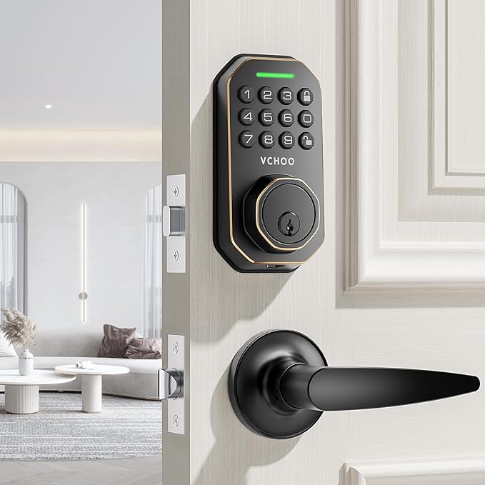 VCHOO Keyless Entry Door Lock Set Smart Locks for Front Door Keypad Door Lock with Handle Auto Lock One Time Password Anti Peeping Password IP54, Bronze