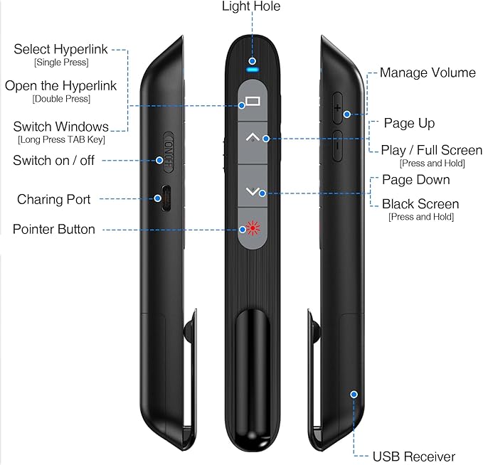 DinoFire USB C Rechargeable Presentation Remote with Red Light,Wireless Preseter PPT Slide Clicker Advancer for MacBook Laptop Computer