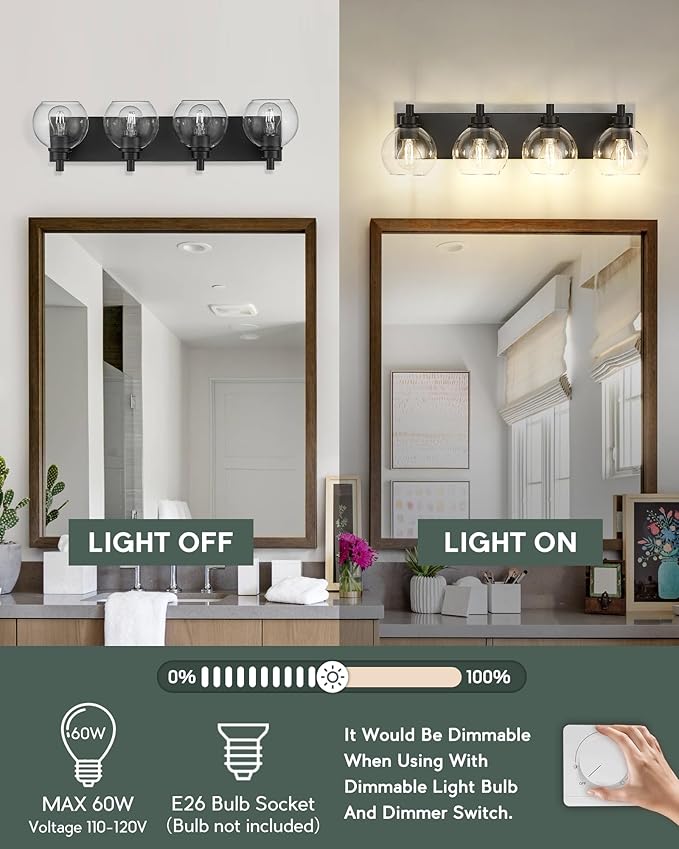 METWET Bathroom Light Fixtures, 4 Light Matte Black Vanity Light, 26 Inch Modern Wall Sconces with Globe Clear Glass Shade, Vanity Lighting Fixtures Over Mirror, VL195-MB-CL-4
