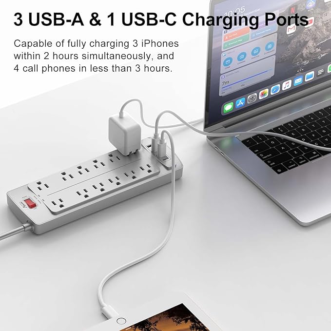 Power Strip, ALESTOR Surge Protector with 12 Outlets and 4 USB Ports, 6 Feet Extension Cord (1875W/15A), 2700 Joules, ETL Listed, Grey