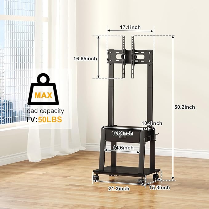 Mobile TV Stand with Drawer for 23-60 Inch Flat/Curved Screen,Tilt Rolling TV Cart on Wheels with 2 Shelves Adjustable Height Portable TV Stand Holds up to 50 lbs for Indoor Outdoor Max VESA 400x400mm