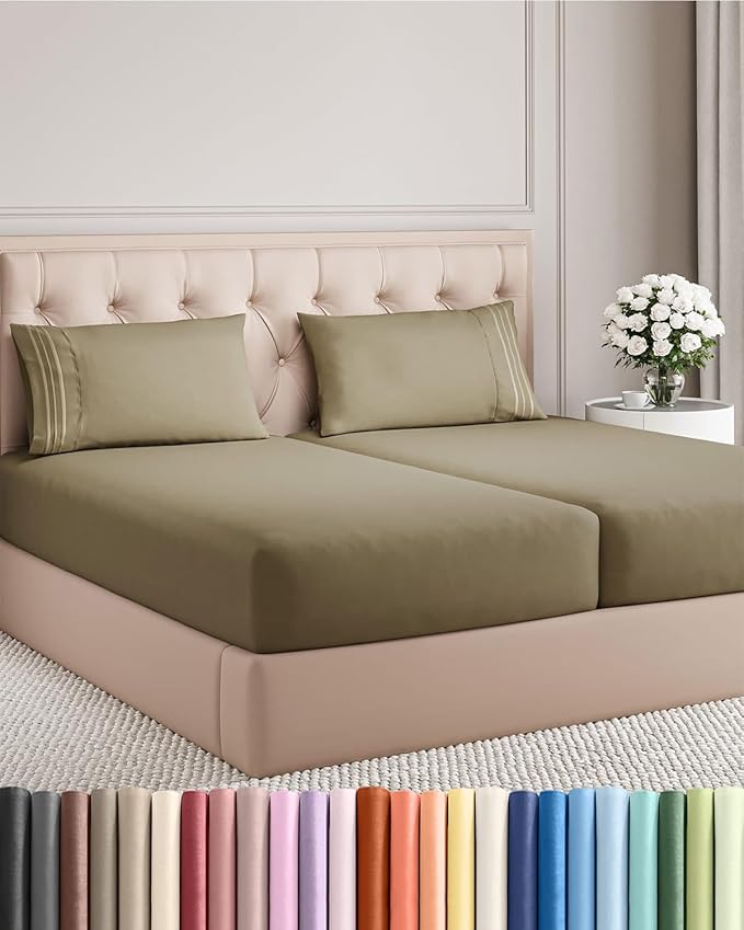 Split King Size 5 Piece Sheet Set - Comfy Breathable & Cooling Bed Sheets Set - Hotel Luxury Bedding for Women, Men, Kids, Teens, Boys & Girls - Deep Pockets, Soft and Wrinkle Free - Oeko-Tex - Khaki