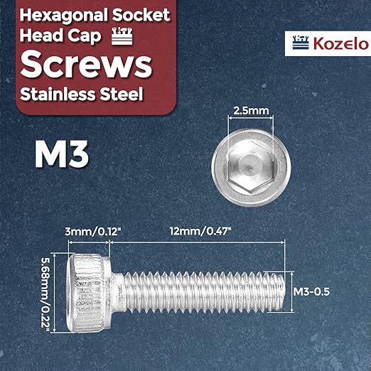 Kozelo 50pcs Socket Head Cap Screws - [M3-0.5 x 12mm] 304 Stainless Steel Allen Socket Drive for Electrical Motor 3D Printing Fan Engine Replacement Use, Silver