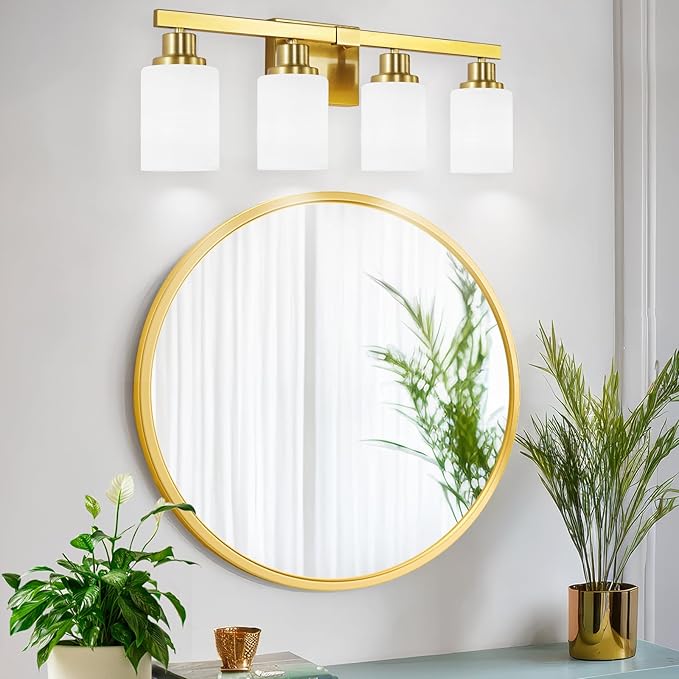 DIKAIDA 4-Light Gold Vanity Light, Modern Gold Bathroom Light Fixtures Over Mirror with Milky White Glass Shade, Bath Wall Mount Lights Wall Lamp for Mirror Bedroom, Living Room Hallway Kitchen