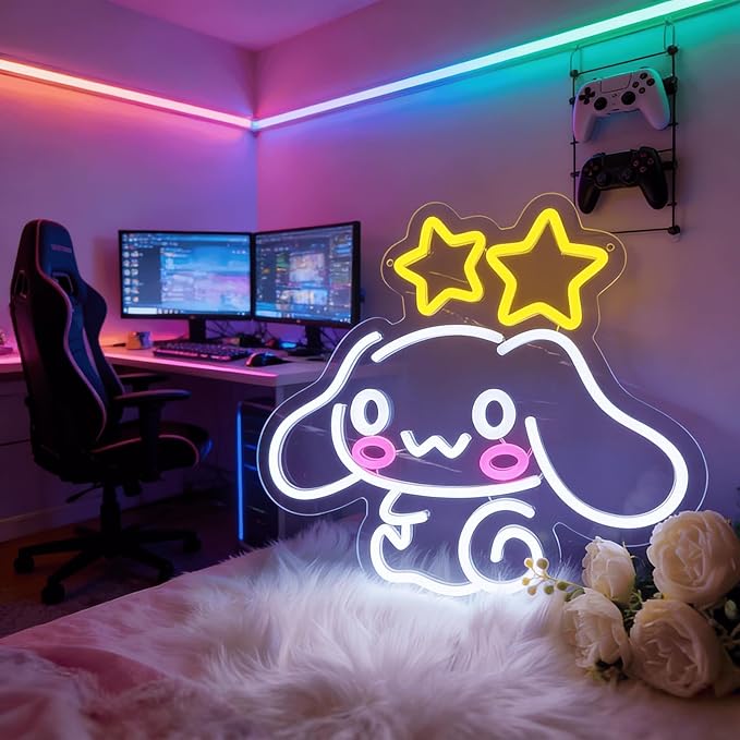 THIIXDAI Cinnamoroll Neon Sign for Room Decor, USB Powered LED Lights with Dimmable, Japanese Cartoon Dog Neon Signs, Cute Night Light Gifts for Children (14.96"L x 12.99"W)