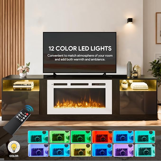YISUFO 70" TV Stand with 36" Electric Fireplace, Large Modern Media Entertainment Center with Storage Cabinet and 12 Colors LED Lights for TVs Up to 80",Black & White