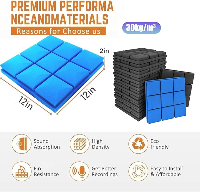 Acoustic Foam Panels 12 Pack 2" x 12"x 12" High Density Soundproofing for Wall Saiqiang Mushroom Sound Proof Foam Panels Noise Absorbing Blocker and Sound-Damping Studio Office Gaming Room (Blue)