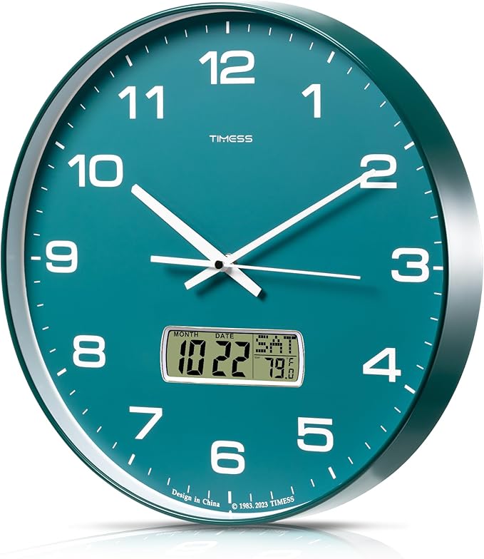TIMESS Wall Clock, 14" Large Dial Non-Ticking Silent Battery Operated Analog with LCD Display for Perpetual Calendar and F° Temperature, Ideal Modern Home, Bedroom, Kitchen, Office Decor(Green)